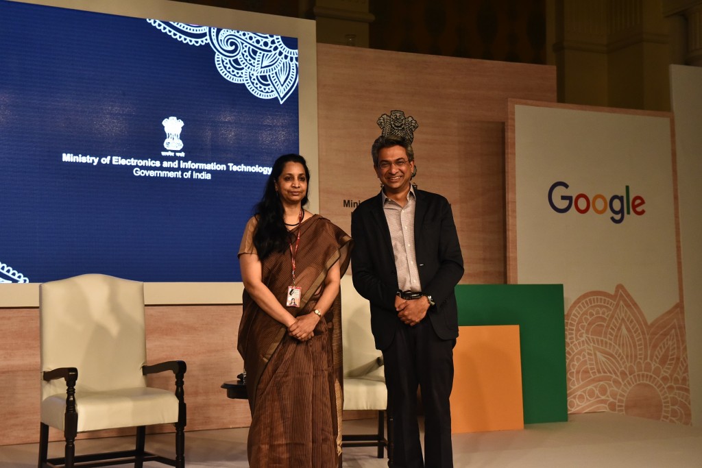 L -R (Aruna Sundarajan, Secretary, Ministry of Electronics and Information Technology and Rajan Anandan, VP, SouthEast Asia and India) at a join press conference in Delhi